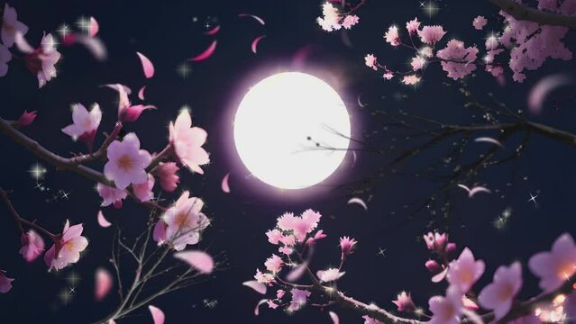 fantasy sky view at night with full moon and cherry blossoms blooming in Japanese spring. anime illustration painting style. seamless looping 4K time-lapse virtual video animation background.