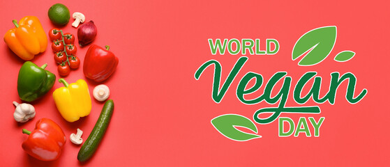 Greeting banner for World Vegan Day with many vegetables on red background