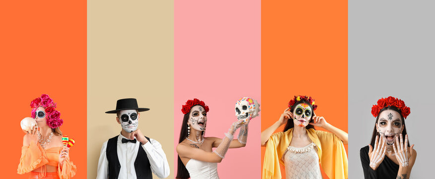 Set of people with painted skulls on faces against color background. Mexico's Day of the Dead (El Dia de Muertos)