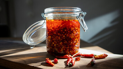 Chili oil sauce with spicy pepper flakes in a mason jar on a wooden table