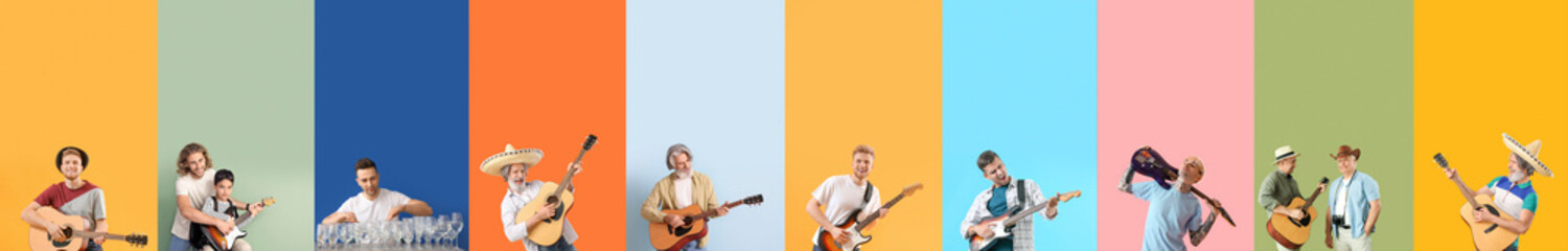 Set of people playing musical instruments and singing on color background - obrazy, fototapety, plakaty