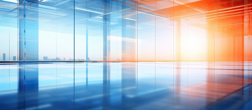 Modern office interior with abstract blue background and vibrant orange light effect