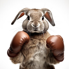 Rabbit bunny pet with boxing gloves in action AI image illustration. Funny animal boxers concep