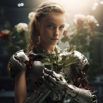 Girl with plant botanist futuristic AI robot bot android cyborg artificial intelligence generative image illustration. Future jobs concept