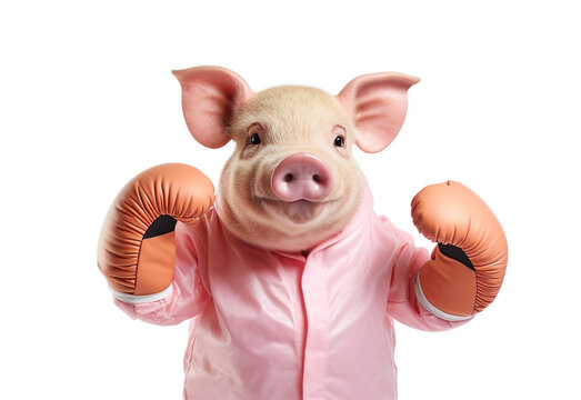 Pig swine pet with boxing gloves in action AI image illustration. Funny animal boxers concept