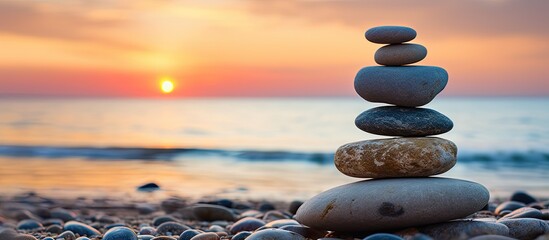 Zen stones balancing forming a seaside pyramid at sunset
