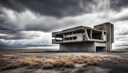 abandoned ruined concrete brutalist building in a desolate scrub landscape