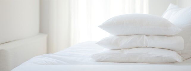 Fototapeta na wymiar Stack of white pillows, modern interior bedroom