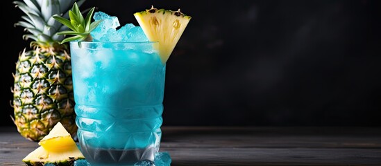 Blue Hawaii cocktail with rum and pineapple on a gray background - obrazy, fototapety, plakaty