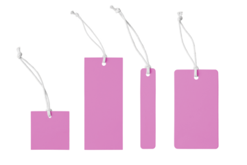 Various shape of blank pink paper label or cloth tag set isolated on white, transparent background, PNG. Price tag mockup template with copy space for brand, information. Shopping, black friday sale