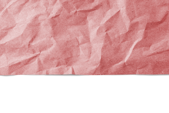 Recycled crumpled red paper texture with edge, border isolated on white, transparent background, PNG. Wrinkled and creased abstract backdrop, design element, wallpaper with copy space, top view.