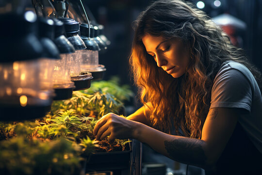 farmer girl works on a farm in greenhouse lab for growing legal marijuana cannabis for medicine