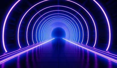 Tunnel with blue glowing lights. Technology concept. AI generated