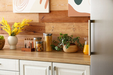 Interior of kitchen with stylish fridge, counters and houseplant, closeup