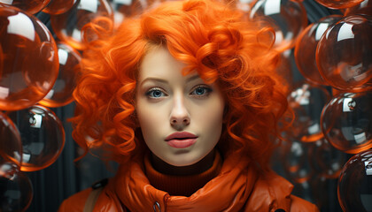 Naklejka premium A beautiful young woman with curly blond hair looking at camera generated by AI