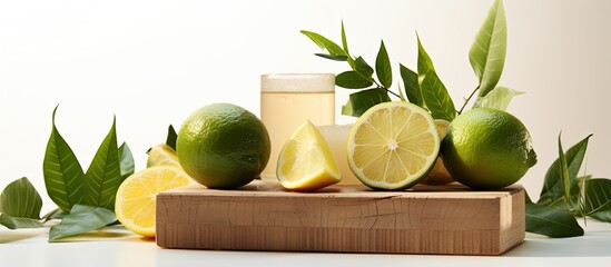Modern display for promoting summer drinks and natural cosmetics featuring wooden cube podium with palm leaves lemon and lime slices on a white background - obrazy, fototapety, plakaty