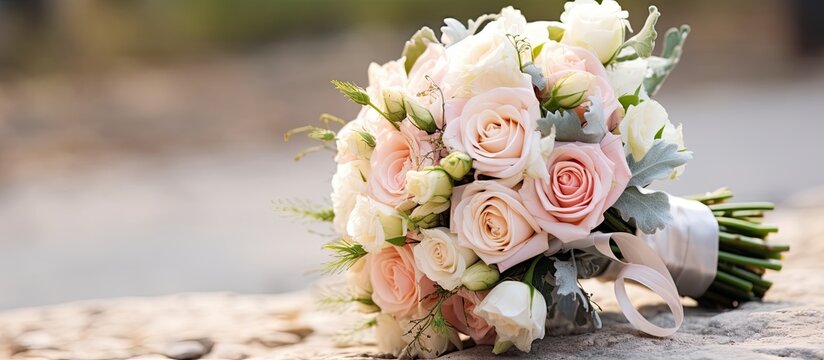 Close up of a bouquet made of roses peonies and decorative plants at a wedding