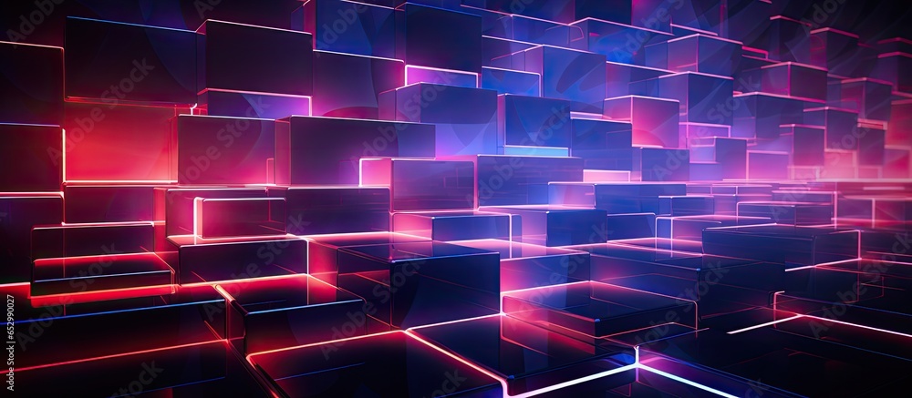 Poster modern tech style with glowing neon geometric shapes on a widescreen background