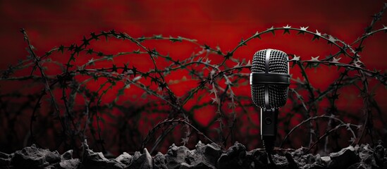 A microphone surrounded by red barbed wire symbolizes media repression and limited free speech - obrazy, fototapety, plakaty