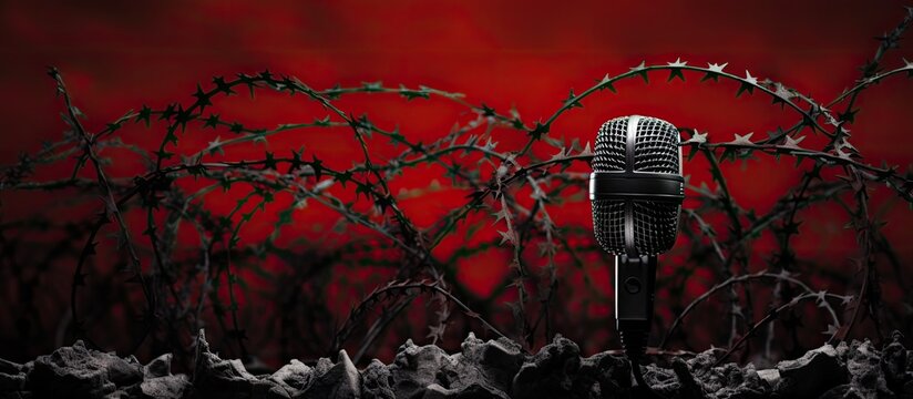 A microphone surrounded by red barbed wire symbolizes media repression and limited free speech
