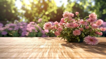 flowers at wooden flour decoration in outside, generative AI