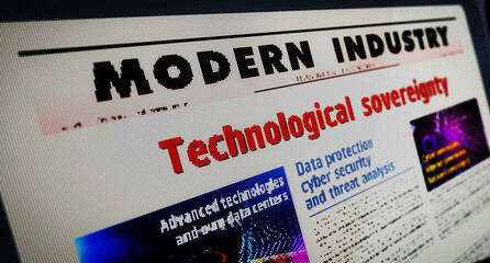 Technological sovereignty digital technology newspaper on mobile tablet screen - obrazy, fototapety, plakaty