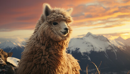 Alpaca grazes on mountain meadow, fluffy fur glistening in sunlight generated by AI