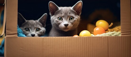 Eco friendly animal home with a focus on zero waste where a Russian blue cat and kitten play in a cardboard box house