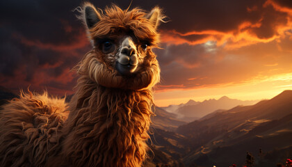 Alpaca grazing on a mountain meadow, sunset paints the landscape generated by AI
