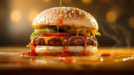 hamburger on black background - obrazy, fototapety, plakaty