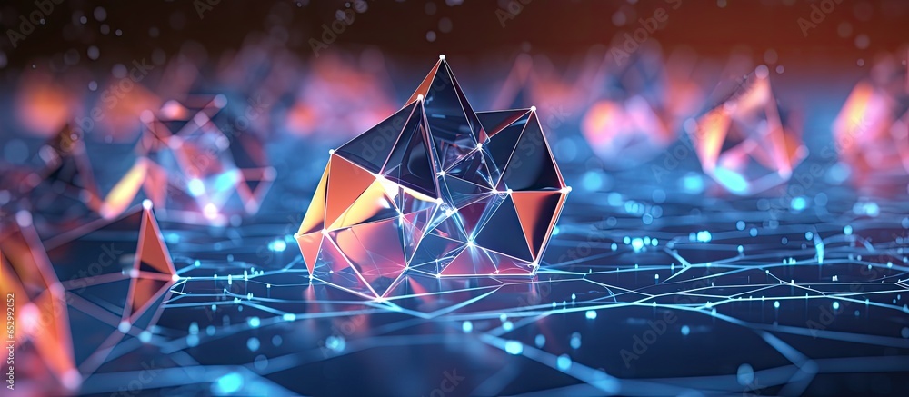 Poster abstract blockchain hologram on indistinct backdrop tech and fintech idea visualization
