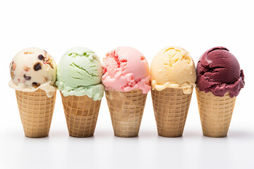 5 Different ice cream waffle cone Flavors isolated on a minimalist copy space white background, Colorful Ice creams in waffle cones, delicious ice cream cone collection in a row, ice cream in detail