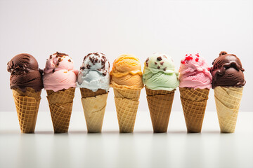 7 Different ice cream waffle cone Flavors isolated on a minimalist copy space white background, Colorful Ice creams in waffle cones, delicious ice cream cone collection in a row, ice cream in detail
