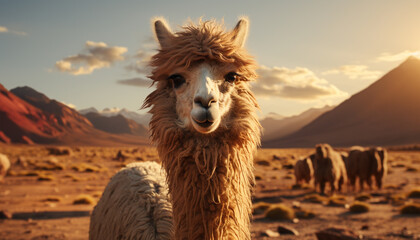 Obraz premium A cute alpaca smiles, looking at camera, in mountain landscape generated by AI