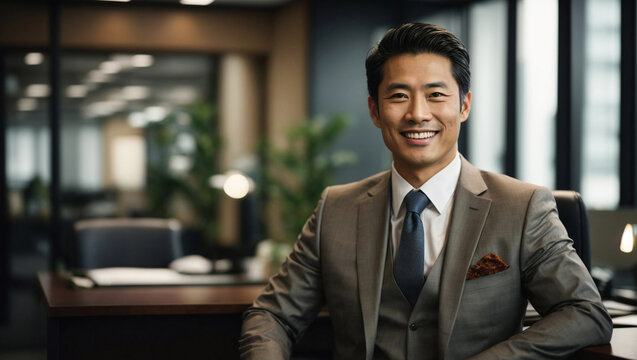 Bellissimo uomo d'affari asiatico, giapponese, in ufficio con vestito elegante, giacca e cravatta