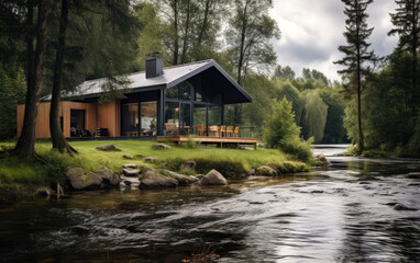 Fototapeta na wymiar A house by the river with sauna. Generative AI