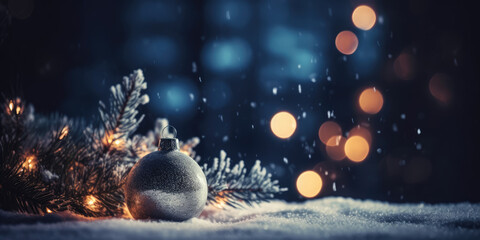 Christmas Tree Branches and Silver Christmas Ball in Snow. Abstract Christmas, New Year, XMas, Winter Background