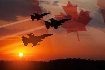Air Force Day. Aircraft silhouettes on background of sunset with a transparent Canadian flag. Since...