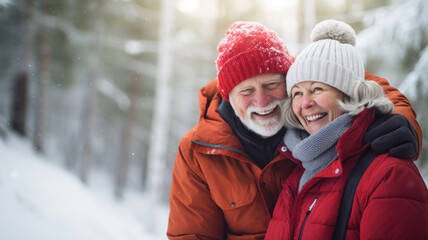 Senior couple laughing and enjoying life outdoors in winter. Beautiful woman and handsome man dressed in warm winter clothes. Blurry forest background.