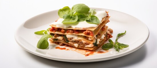 Lasagne on white plate for menu