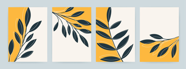 Boho abstract minimal templates in yellow color. For wall decor, wedding, birthday, invitation, poster, business card, page cover, brochure, post in social networks, advertising.