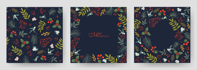 Square holiday cards on a dark background. Christmas, holiday templates with ornate Christmas ornament, floral background. Seamless Christmas pattern.