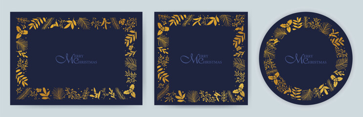 A set of holiday frames for cards in blue and gold. Christmas, holiday templates with ornate Christmas ornament, floral background. Suitable for postcards, invitations, backgrounds, menus, box.