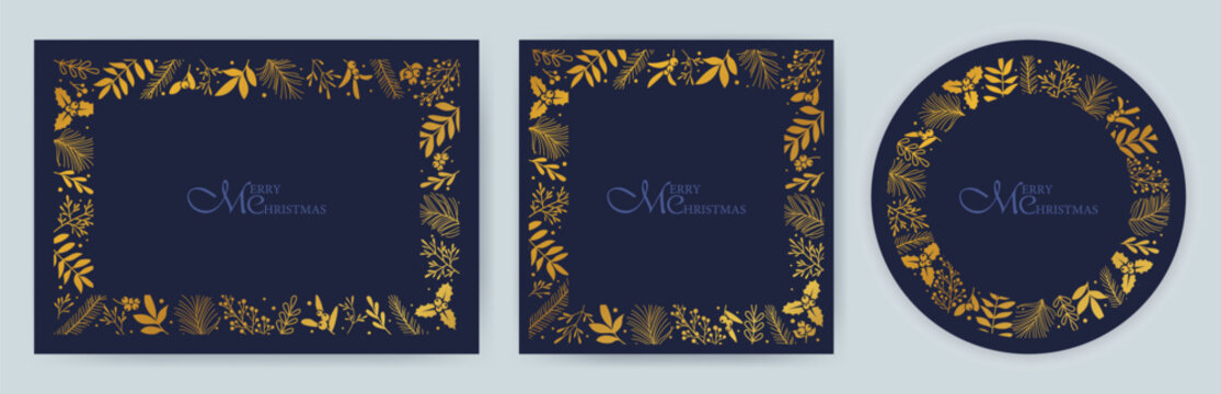 A set of holiday frames for cards in blue and gold. Christmas, holiday templates with ornate Christmas ornament, floral background. Suitable for postcards, invitations, backgrounds, menus, box.