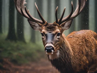 Poster Deer close-up image in the forest, deer, close-up, image, forest, deer image, close-up image, deer in forest, wild, buck, horns, hunting, antler, antelope, goat, red deer, animals, brown, park, grass © woollyfoor