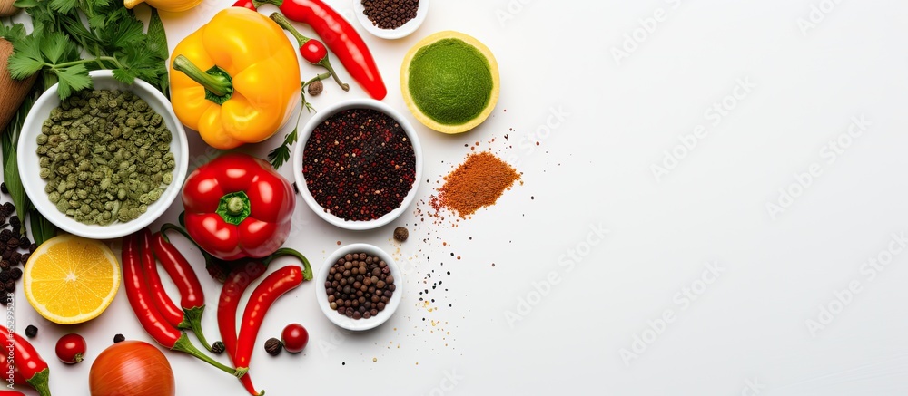 Poster Fresh vegetables herbs and spices arranged with an empty plate on a white background Space for text