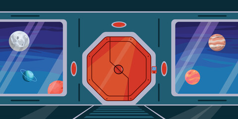Vector illustration of a beautiful view from a spaceship. Cartoon interior scene inside a spaceship with a metal door, large windows and a view of different planets in outer space. © MVshop