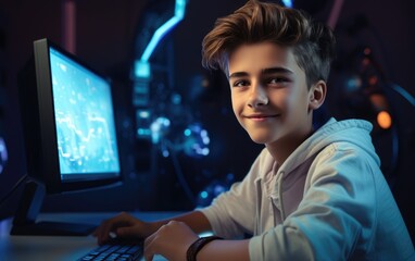 Smiling teenager boy is typing on desktop computer keyboard. Generative AI