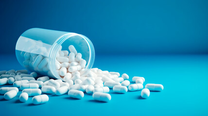 Prescription medicine, opioids. Bottle of many pills on blue background. Concepts of addiction, opioid crisis, overdose with copy space - obrazy, fototapety, plakaty