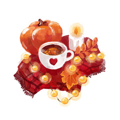 
Autumn illustration with a pumpkin, a blanket, a cup of tea, a candle and lights. Autumn vibe. Autumn home comfort.